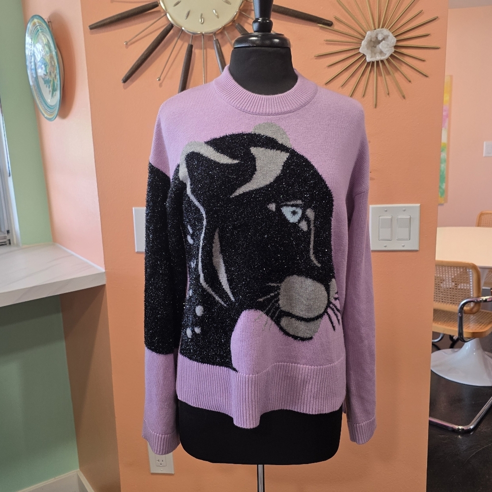 Kate Spade ♠️ Wool Lavender Panther Sweater. Sz Large - Picture 3 of 15